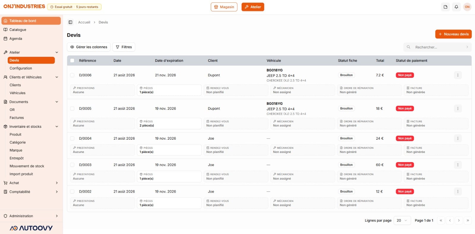 Dashboard Autoovy — Vue atelier et catalogue